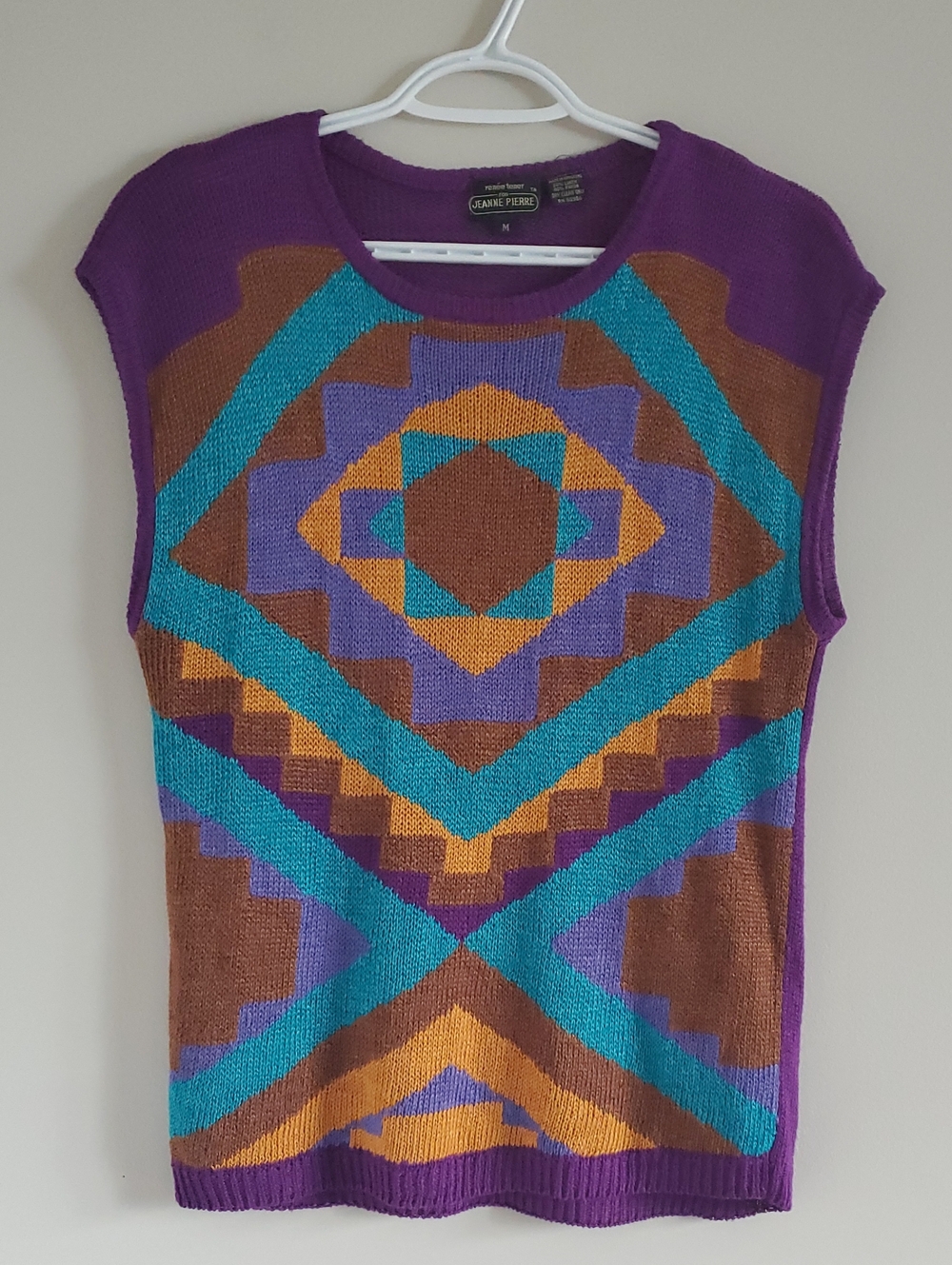 Vintage Jeanne Pierre Geometric Purple Knit Linen Blend Top Vest Sz M Boho Retro
